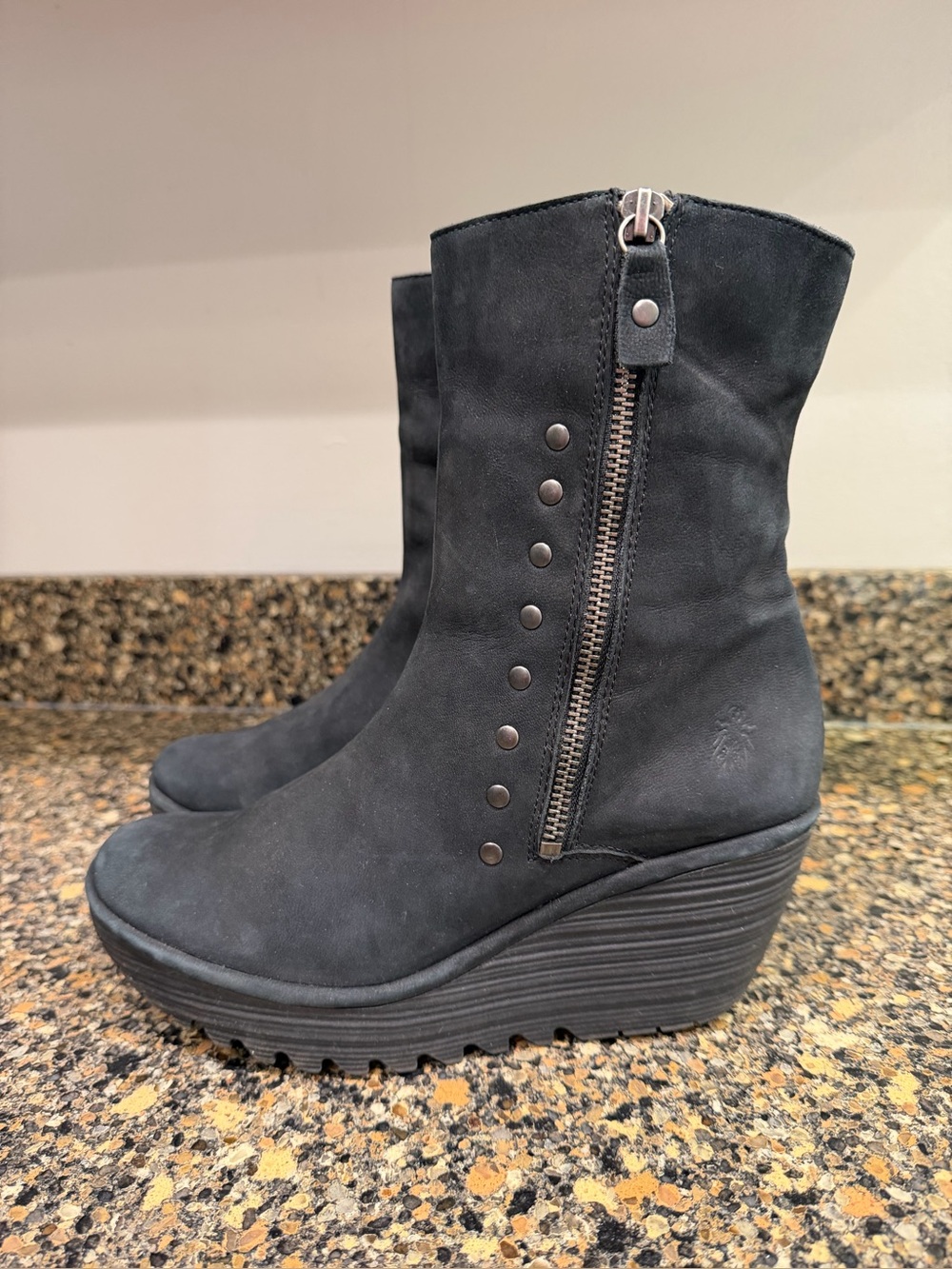 Women’s Black Wedge Ankle Boots with Side Zip fly London size 39